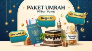 Infografis estimasi biaya paket umroh ekonomis reguler dan premium